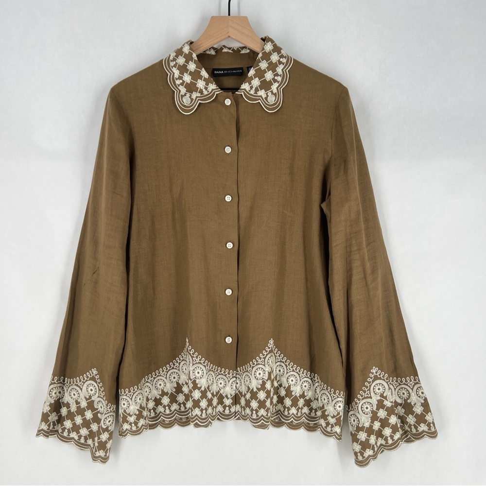 Dana Buchman 100% Linen Embroidered Button Front Brown Floral Scallop Trim 10